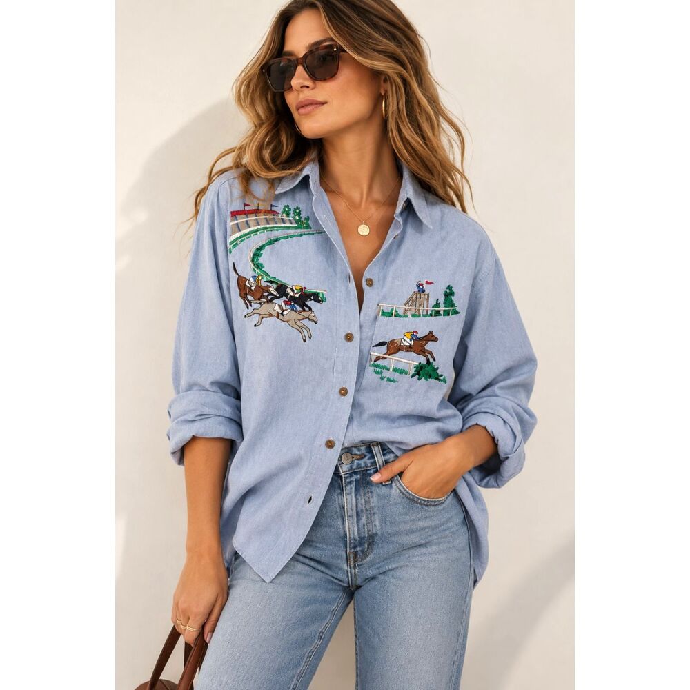 Vintage Ruff Hewn Horse Racing Embroidered Shirt M 100% Cotton Made USA